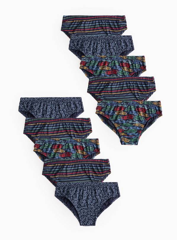 Navy Stripe & Car Printed Briefs 10 Pack 2-3 years